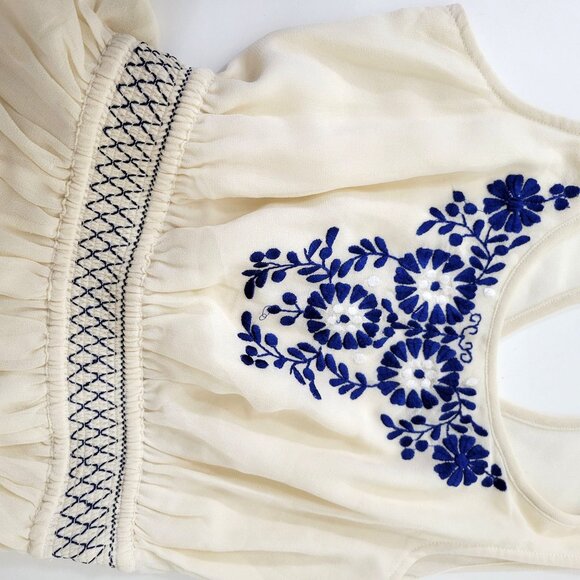 Ecote Cream and Blue Embroidered Sleeveless Mini Dress - Picture 5 of 6